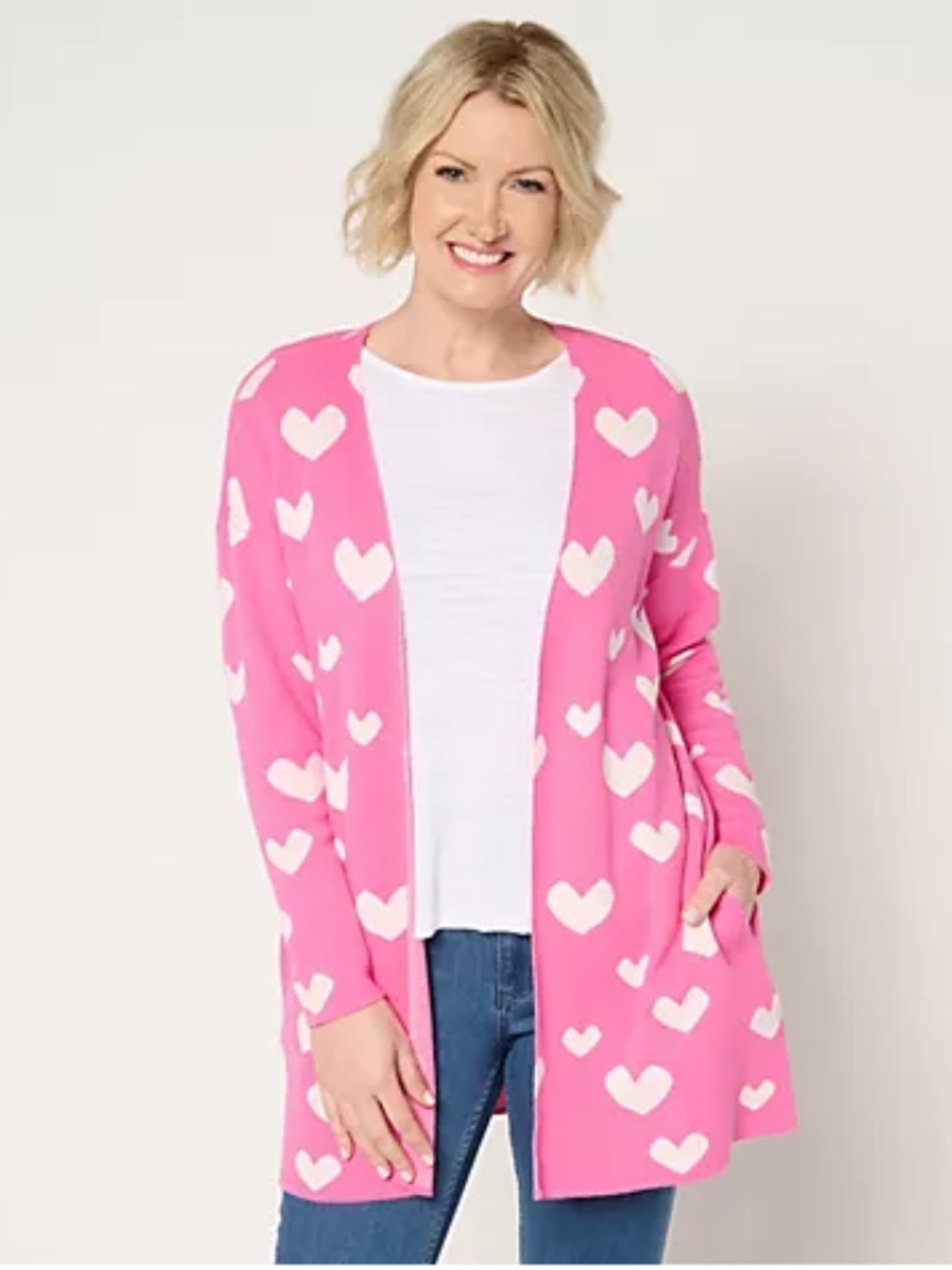 Driftwood Jeans Heart Intarsia Cardigan POCKETS - NEW NWT  Pink Heart Size L